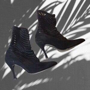 Vintage Charles Jordan black suede/sheer lace sock boots gothic 90s retro luxury